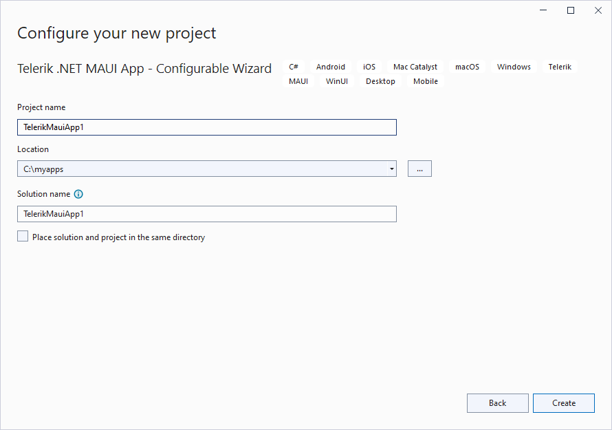 Telerik .NET MAUI App configurable wizard initial screen within the Create your new project dialog