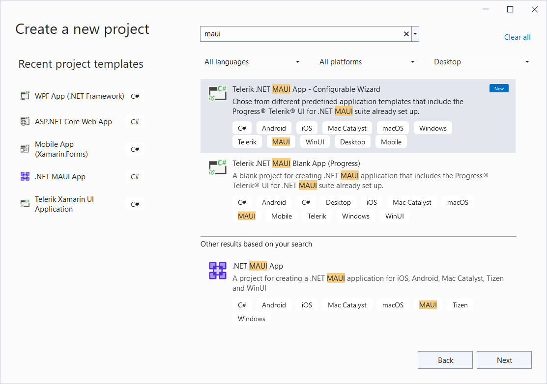 Create a new project dialog with maui in the search field and results