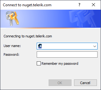 Connect to nuget.telerik.com dialog for logging your username and password