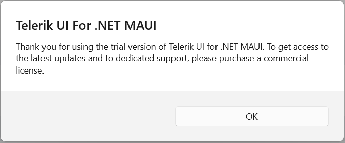 Telerik .NET MAUI Trial Message