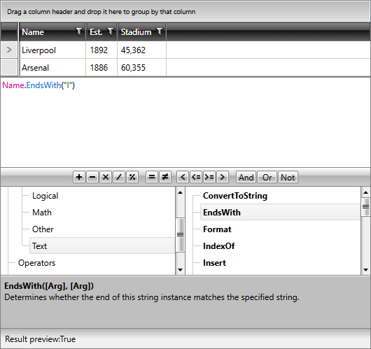 Filtering RadGridView via the text functions