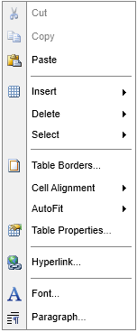 Silverlight RadRichTextBox Menu in the context of a table