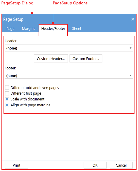 Silverlight RadSpreadsheet Header/Footer in the Page Setup dialog box