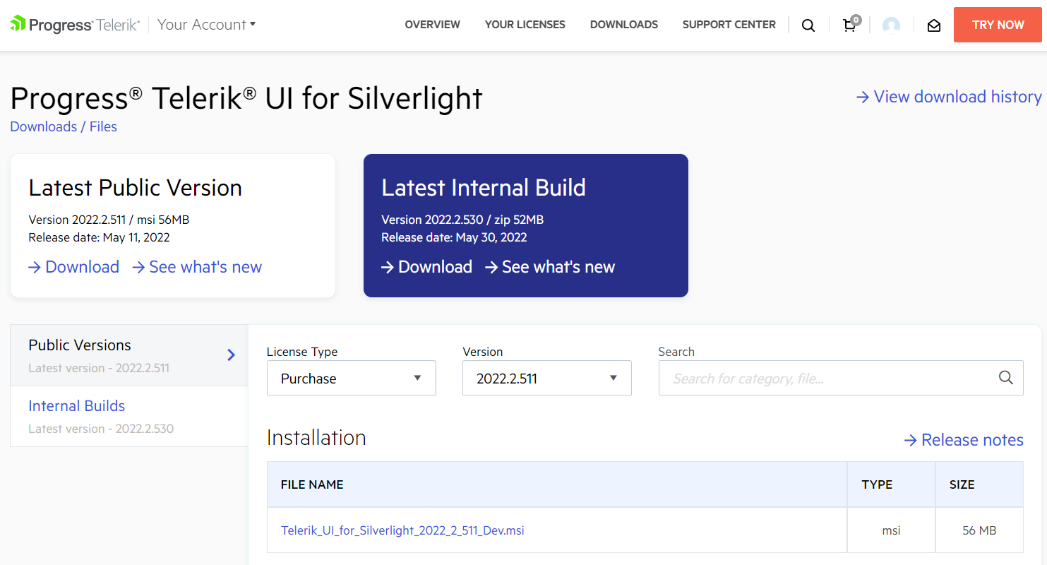 Download automated installer Telerik_UI_for_Silverlight_<version>_Dev.msi