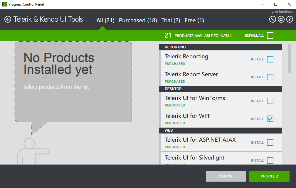 The Progress Control Panel List of Available Products