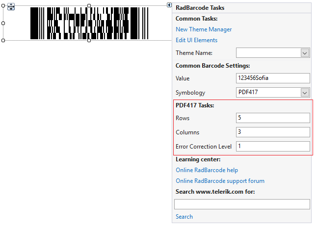 WinForms RadBarcode PDF417 Settings