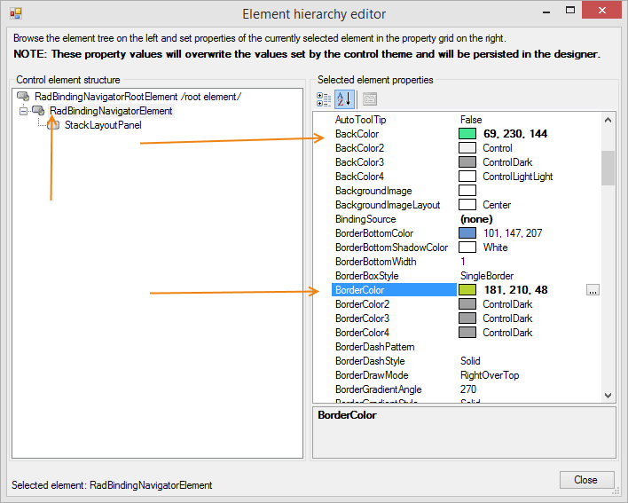 WinForms RadBindingNavigator Change the BackColor and the BorderColor