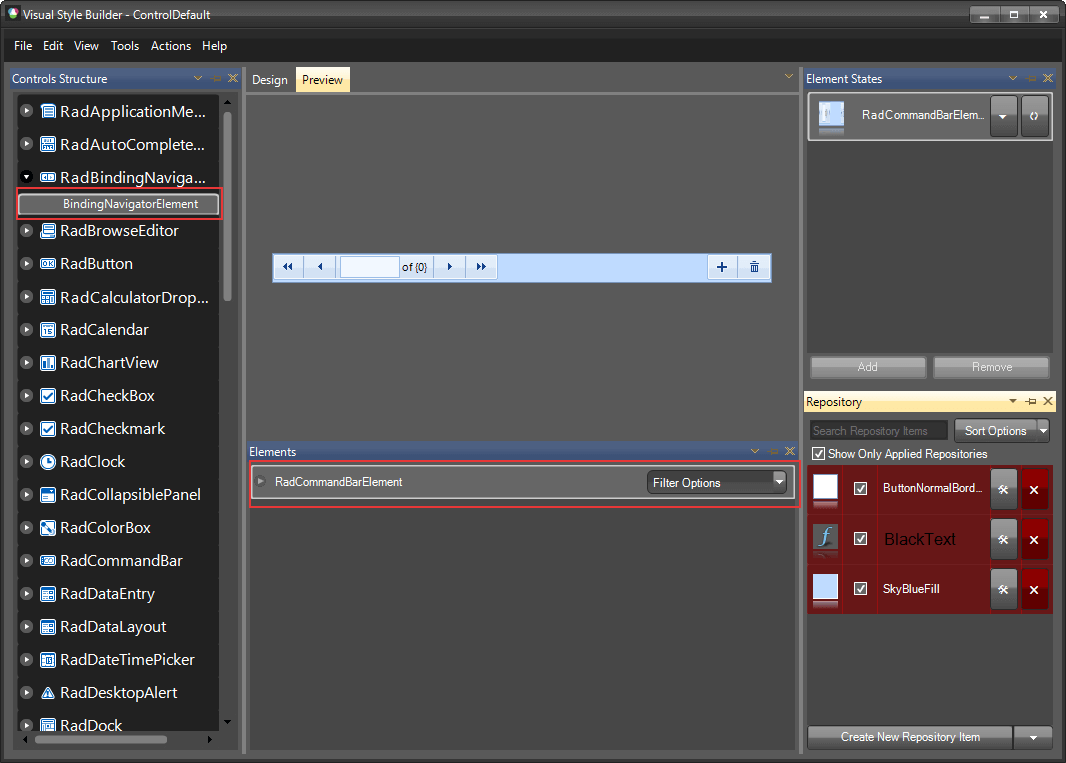 WinForms RadBindingNavigator Visual Style Builder Select Elements