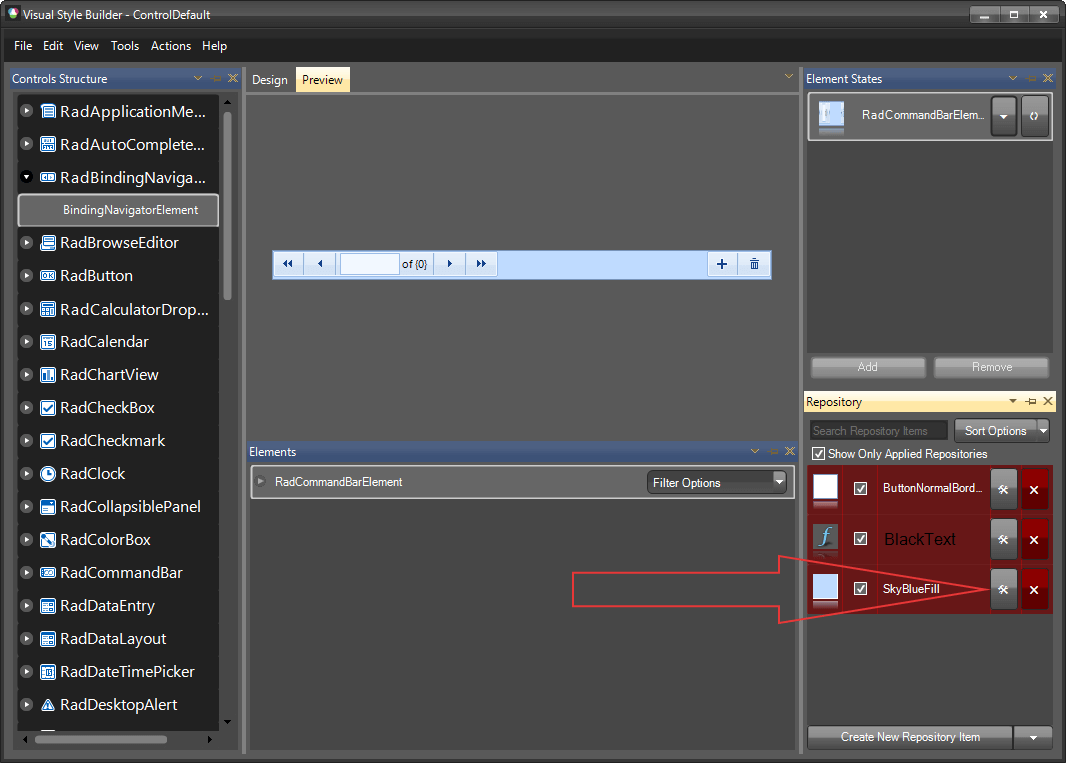 WinForms RadBindingNavigator Visual Style Builder Edit Fill Repository