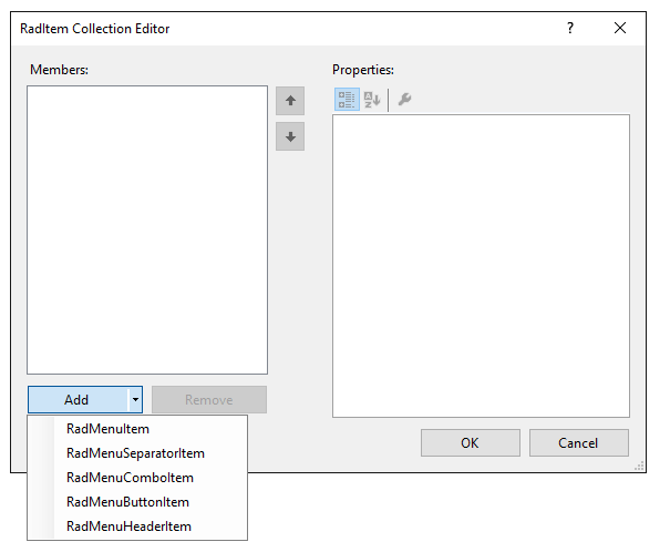 WinForms RadDropDownButton Add Items Design Time