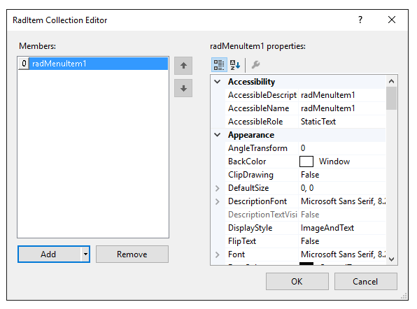 WinForms RadDropDownButton RadMenuItem Design Time