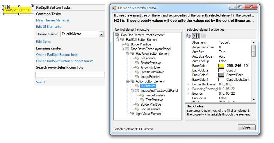 WinForms RadSplitButton Element Hierarchy Editor