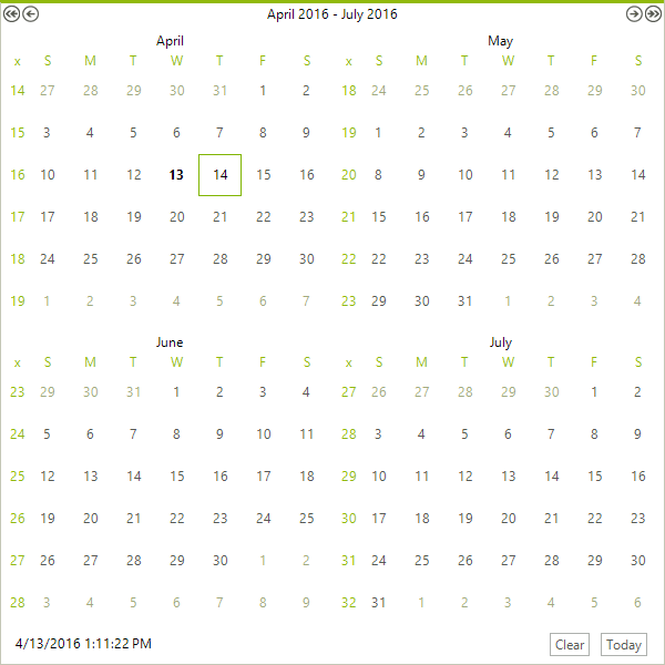 WinForms RadCalendar MultiView with 2 rows and 2 columns