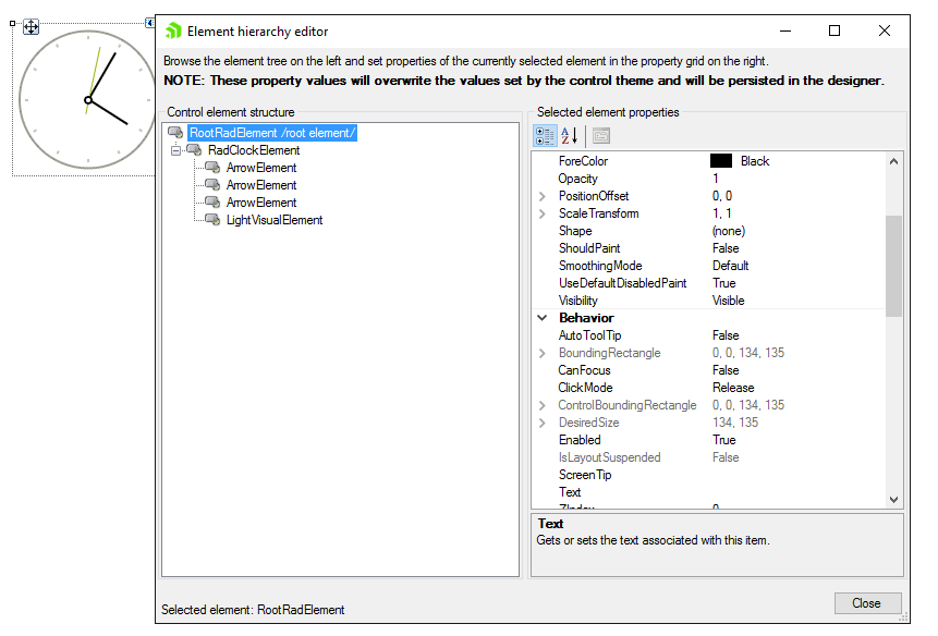 WinForms RadClock Element Hierarchy Editor