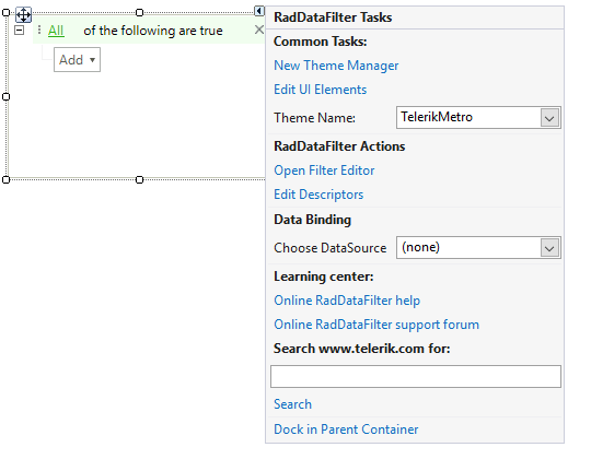 WinForms RadDataFilter Smart Tag