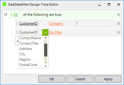 WinForms RadDataFilter RadDataFilter Design Time Editor