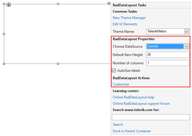 WinForms RadDataLayout Smart Tag