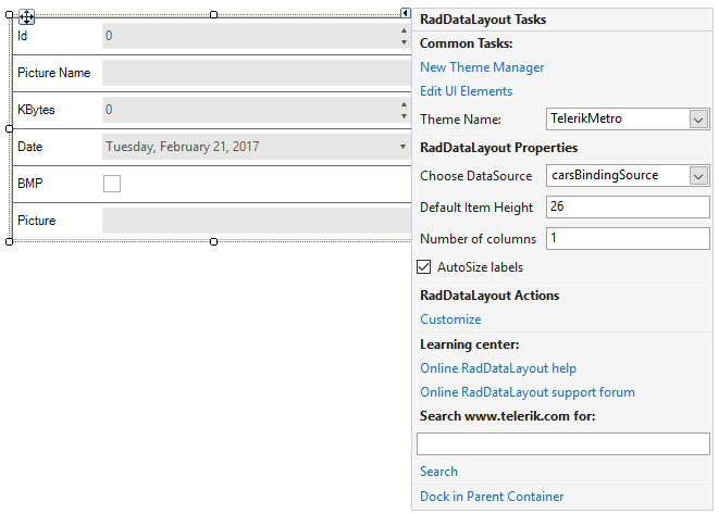 WinForms RadDataLayout Data Binding