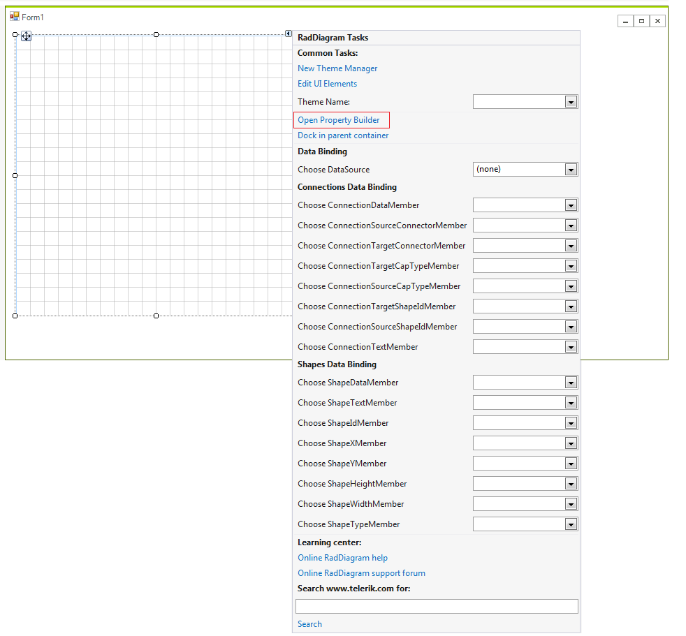 WinForms RadDiagram Smart Tag Open Property Builder