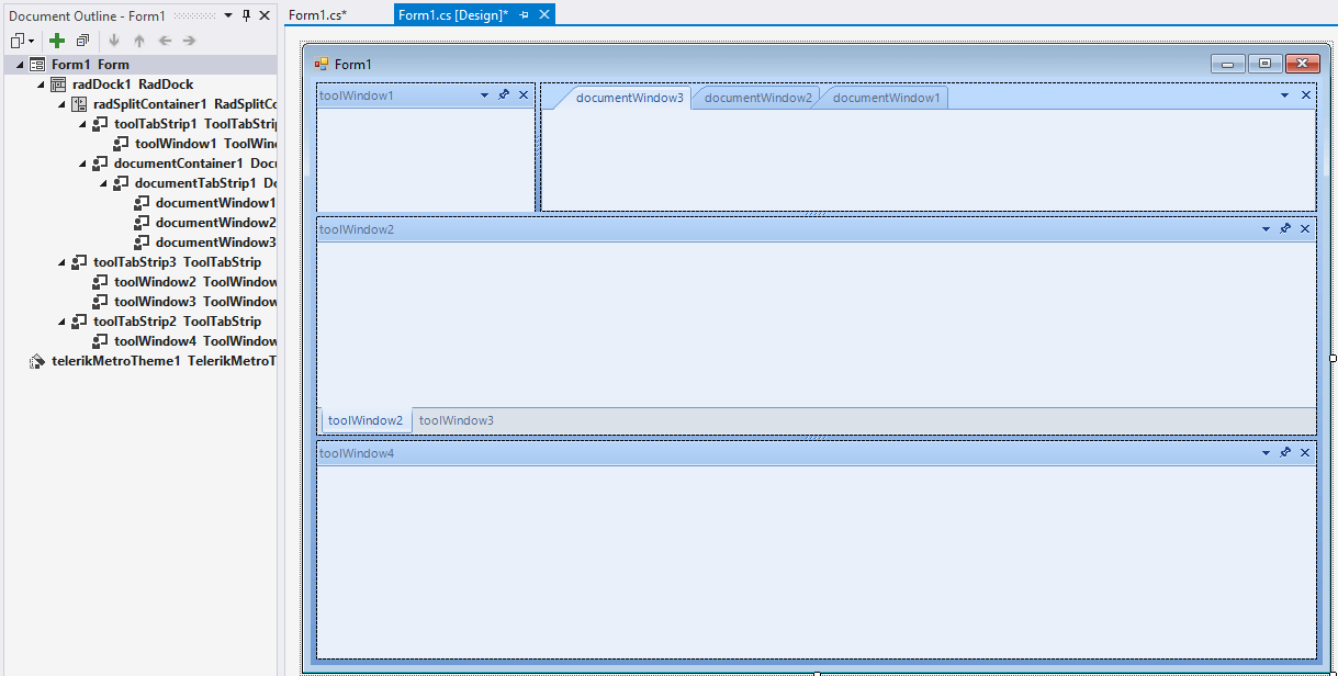 WinForms RadDock The document outline window in Visual Studio