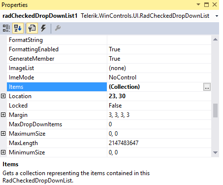 WinForms RadCheckedDropDownList Visual Studio Properties Window