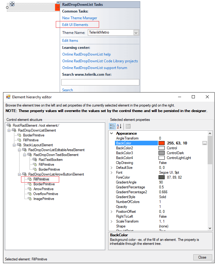 WinForms RadDropDownList Element Hierarchy Editor