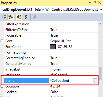 WinForms RadDropDownList Visual Studio Properties Window