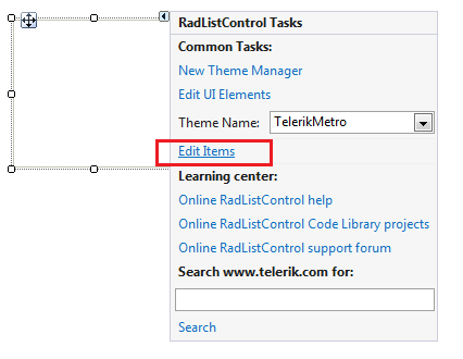 WinForms RadListControl Smart Tag Options