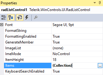 WinForms RadListControl Visual Studio Properties Window