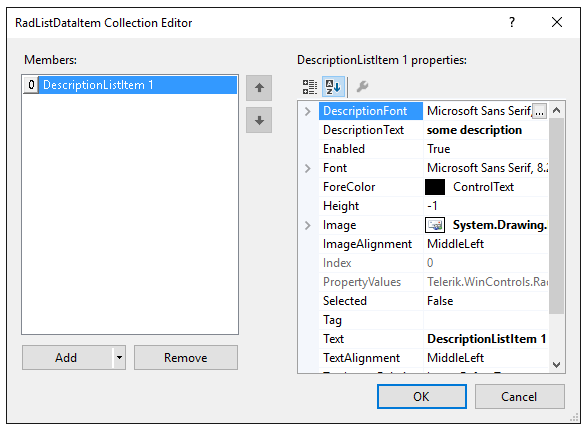 WinForms RadListControl DescriptionTextListDataItem's Properties