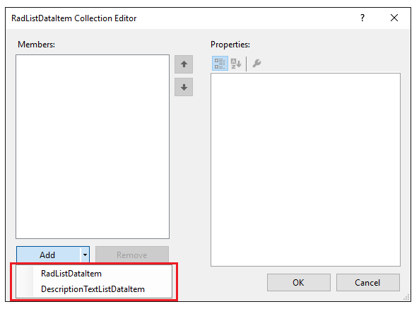 WinForms RadListControl RadListDataItem Collection Editor Item Types