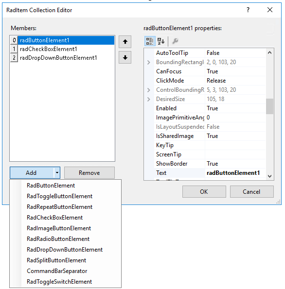 WinForms RadButtonTextBox RadItem Collection Editor