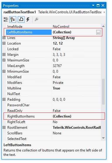 WinForms RadButtonTextBox Visual Studio Properties Window