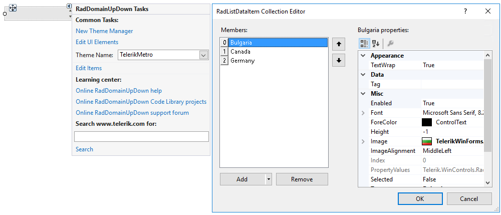 WinForms RadDomainUpDown RadListDataItem Collection Editor