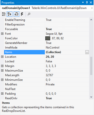 WinForms RadDomainUpDown Visual Studio Properties Window