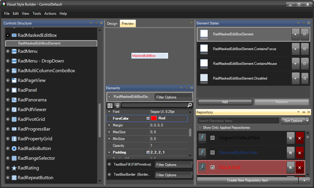WinForms RadMaskedEditBox Visual Style Builder Customization