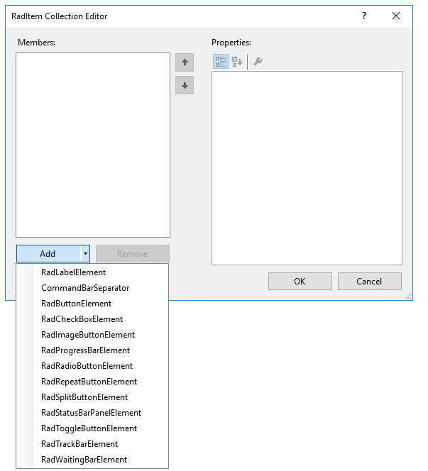 WinForms RadStatusStrip RadItem Collection Editor