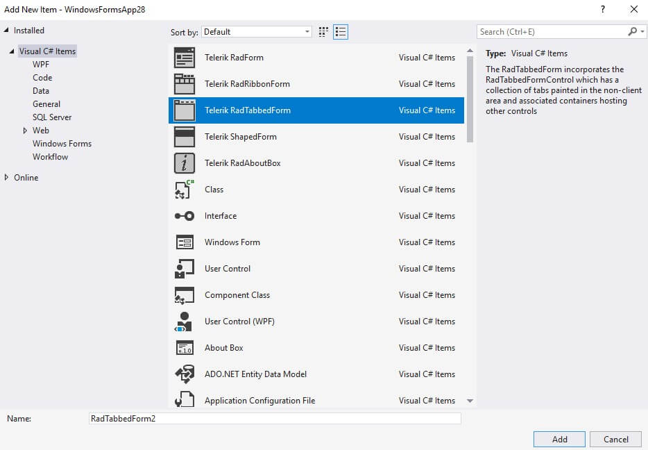 WinForms RadTabbedForm Add Windows Form Option