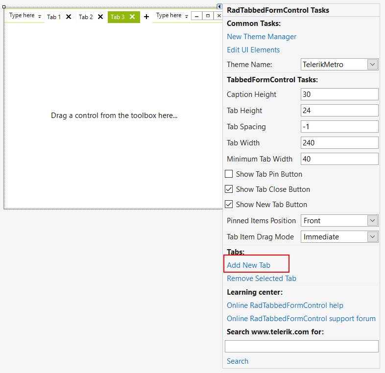 WinForms RadTabbedForm Smart Tag Option