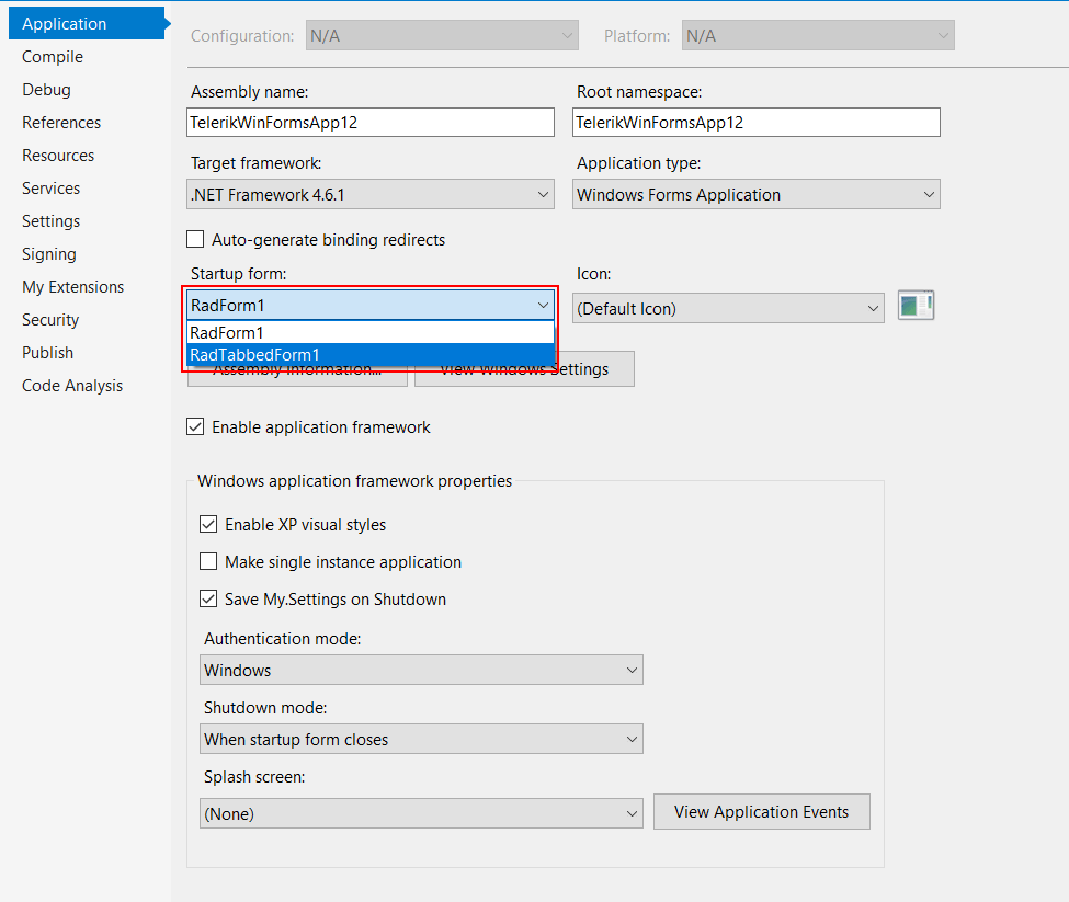 WinForms RadTabbedForm Project Properties