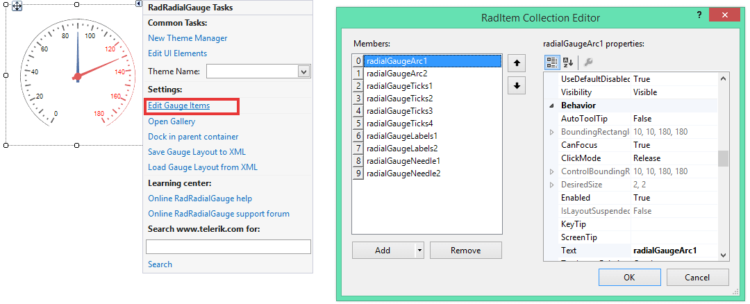 WinForms RadGauges Edit Gauge Items