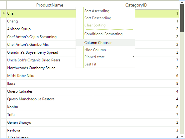 WinForms RadGridView Opening the Column Chooser from the context menu