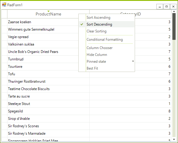 WinForms RadGridView Sorting Context Menus