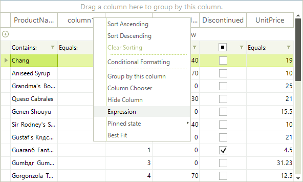 WinForms RadGridView ExpressionEditor