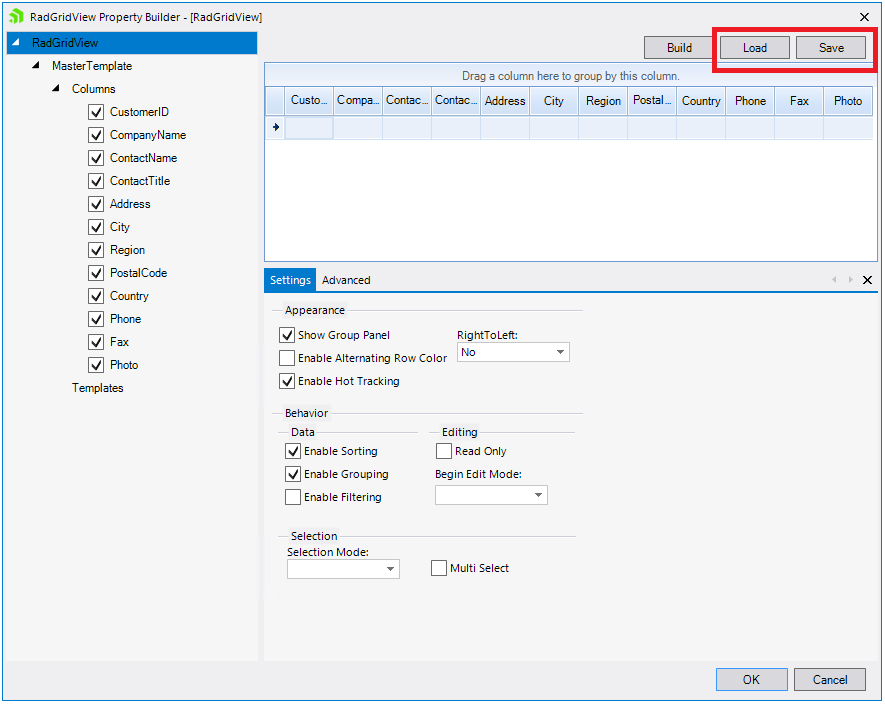 WinForms RadGridView Property Builder Save Load Buttons