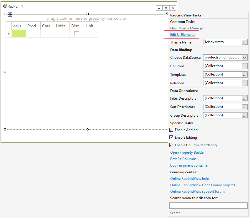 WinForms RadGridView UI editor DesignTime