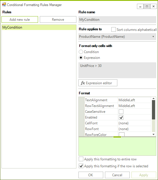 WinForms RadGridView Conditional Formatting Form