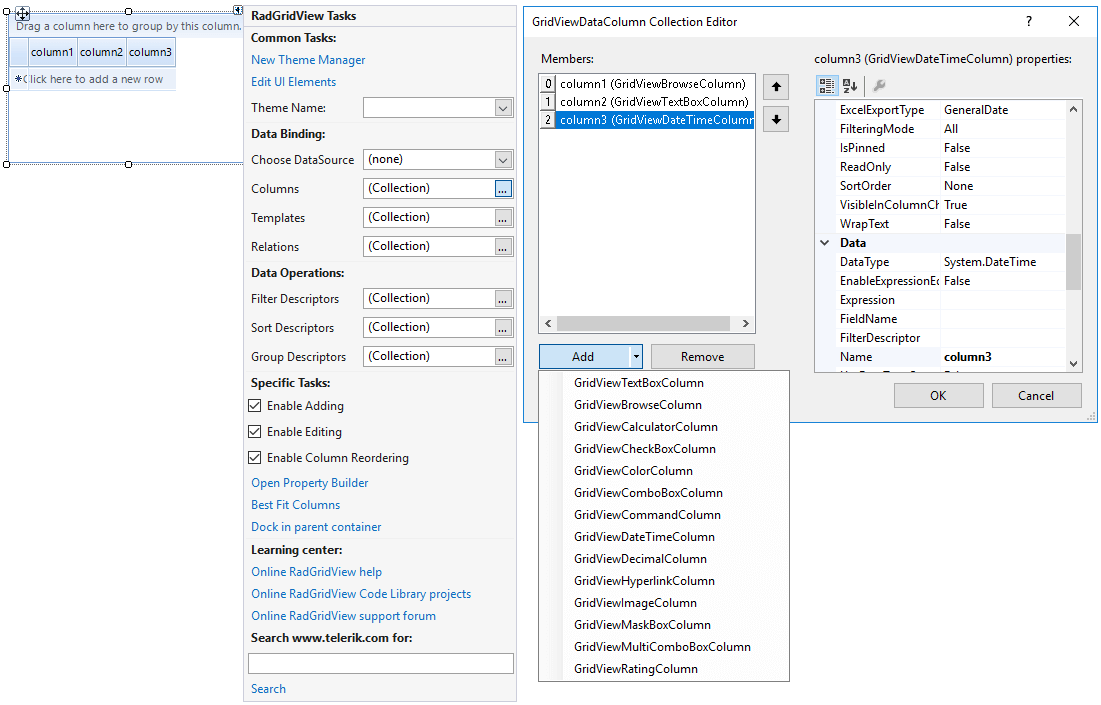 WinForms RadGridView Manual Column Generation