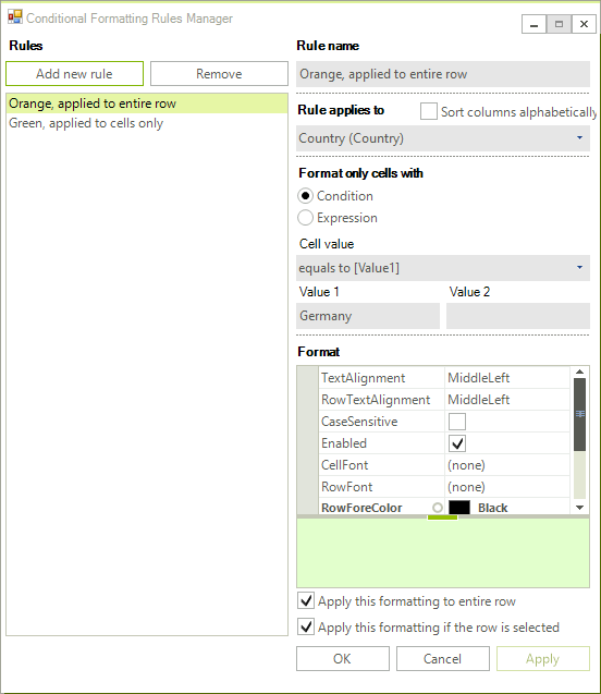 WinForms RadGridView Conditional Formatting Rules Manager