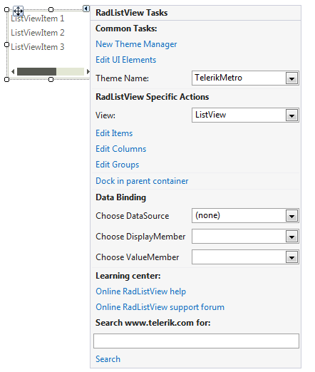 WinForms RadListView Smart Tag